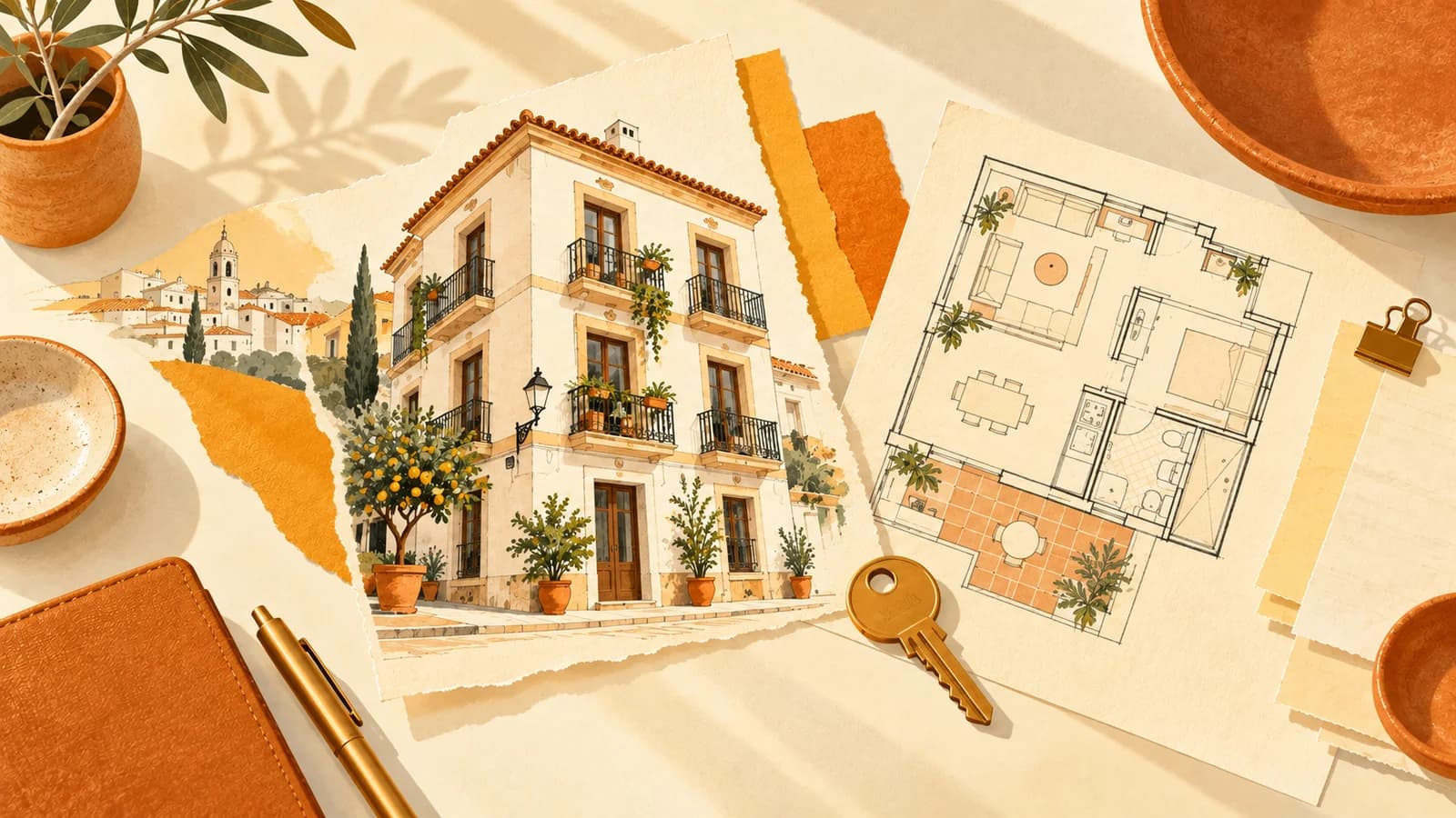 Conceptual illustration of a Spanish apartment building, floor plan and key; not an actual Brickstarter property