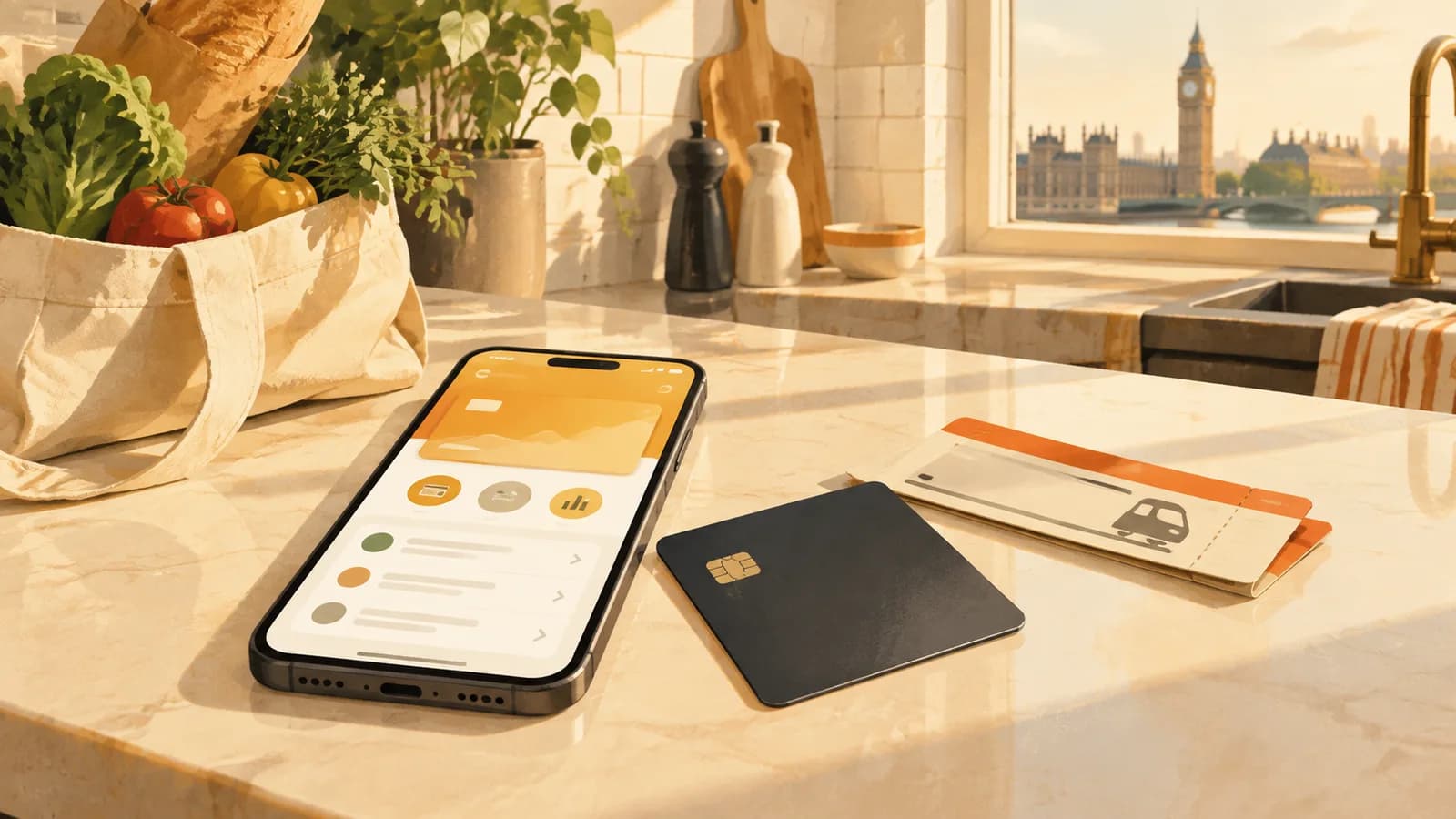 Illustration: a phone with a banking app on a London kitchen counter beside a plain payment card, groceries and a train ticket