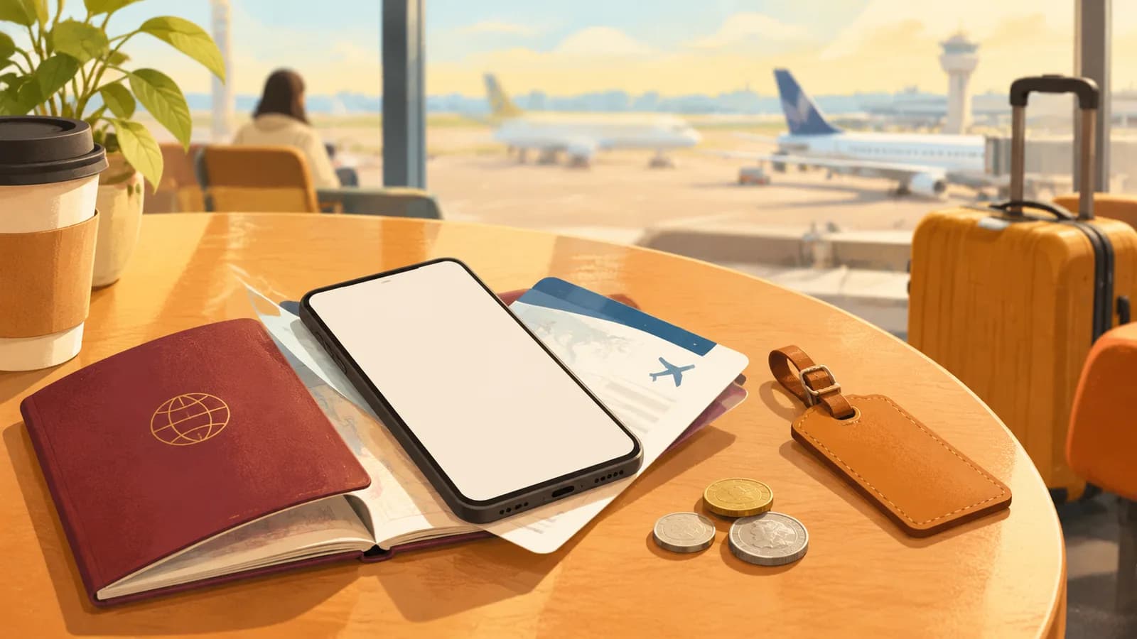 Illustration: a phone lying on an open passport beside a boarding pass, a luggage tag and a few coins on a café table at the airport