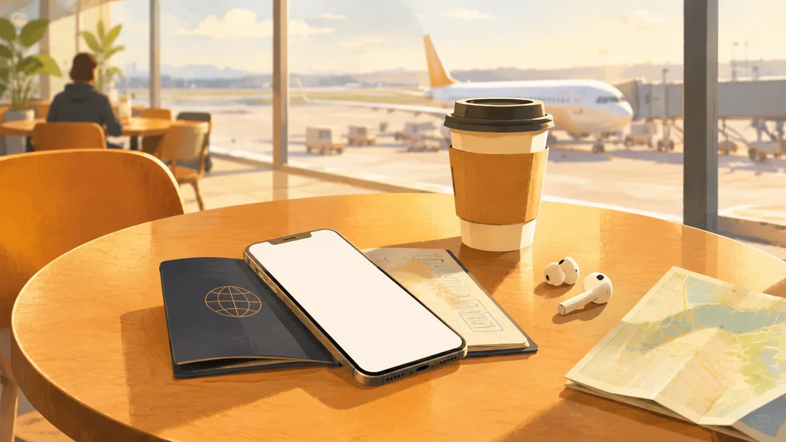 Illustration: a phone with a glowing screen on an open passport at an airport café, with a takeaway coffee, earbuds and a folded map