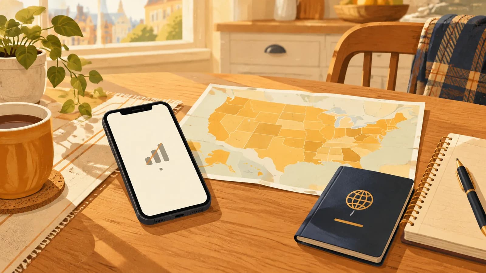 A smartphone with an abstract signal screen beside a map and a plain travel notebook, illustrating a US phone plan with international service.