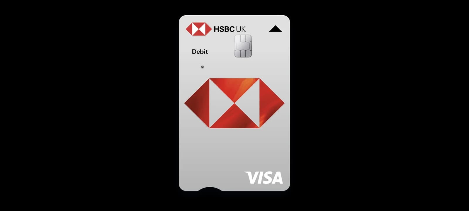 An HSBC UK Visa debit card: upright and silver, with the red HSBC hexagon in the middle