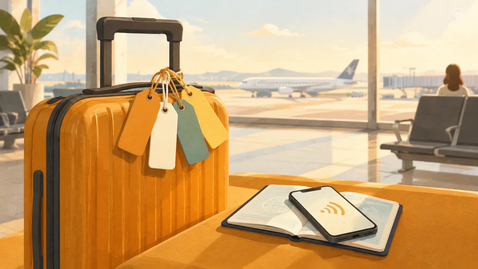 Illustration: a carry-on suitcase with colourful luggage tags beside a phone showing a signal icon on an open passport, in an airport departure lounge