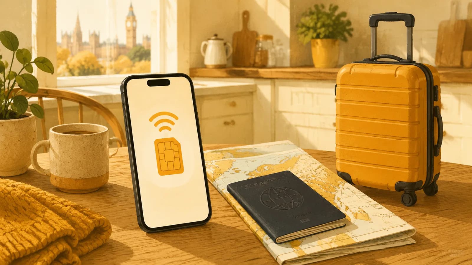 A smartphone with an abstract eSIM signal beside a passport and travel map on a table.