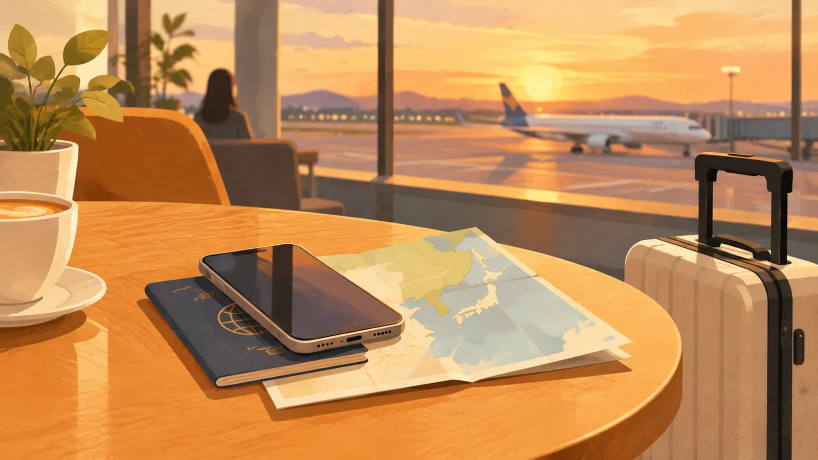 Illustration: a phone on a passport and a folded map on a café table by an airport window at dusk, with a small suitcase beside it