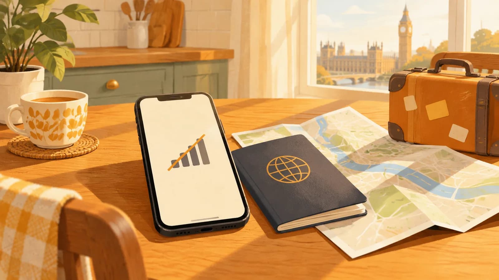 A smartphone, passport and travel map on a table by a window, with an abstract eSIM signal on the phone.