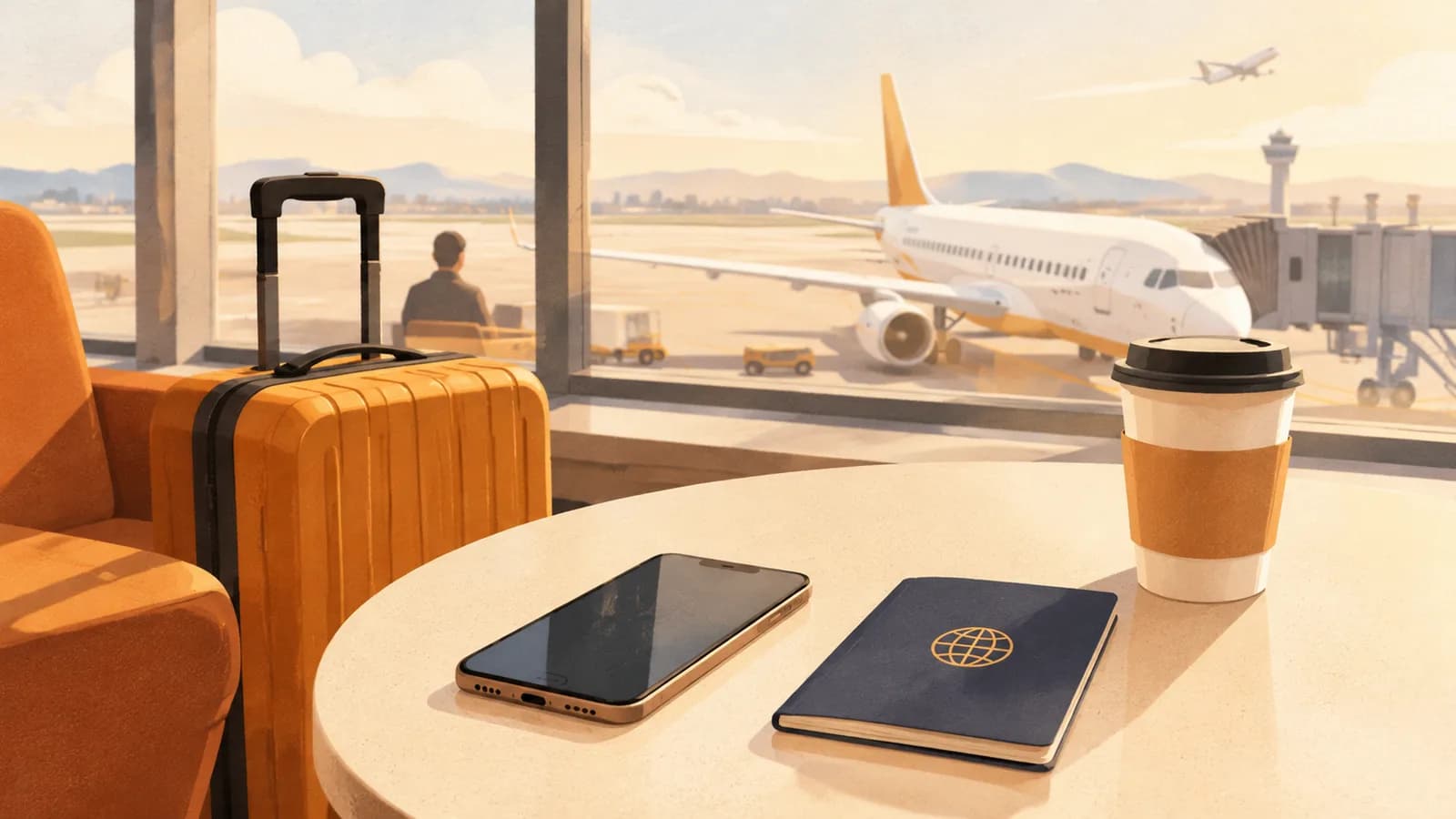Illustration: a phone and a passport on a table by an airport lounge window, with a carry-on suitcase, a takeaway coffee and a plane at the gate