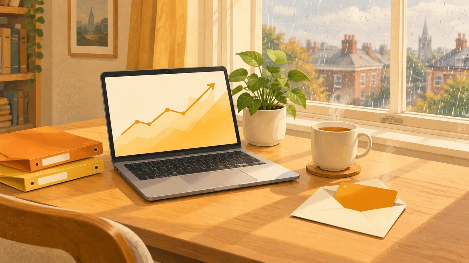 Illustration: a desk by a rainy sash window with a laptop showing a rising chart, two document folders, a gift card in an envelope, a plant and tea