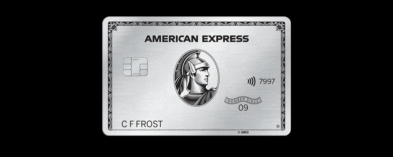 The American Express Platinum Card: a silver card with the American Express centurion portrait, shown with a sample cardholder name