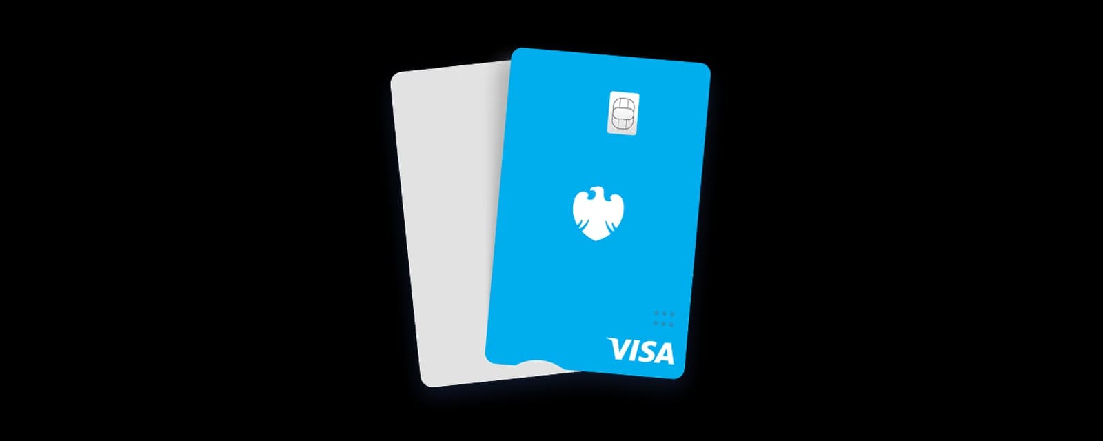 The Barclays Visa debit card: a bright blue card with the white Barclays eagle and the Visa logo, in front of a plain grey card