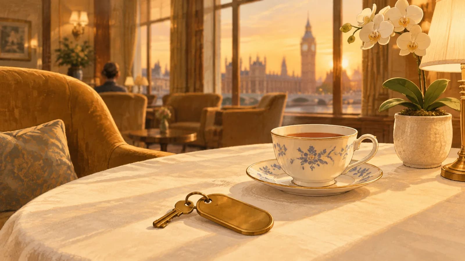 A brass hotel key and a teacup on a linen table in a quiet hotel lounge