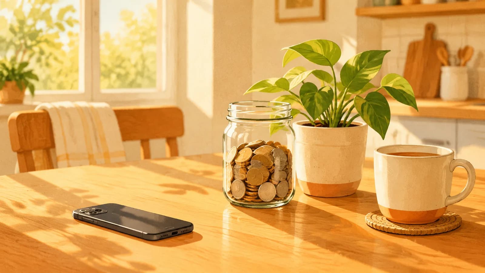 Illustration: a jar of coins and a potted plant on a sunny kitchen table beside a face-down phone and a mug of tea