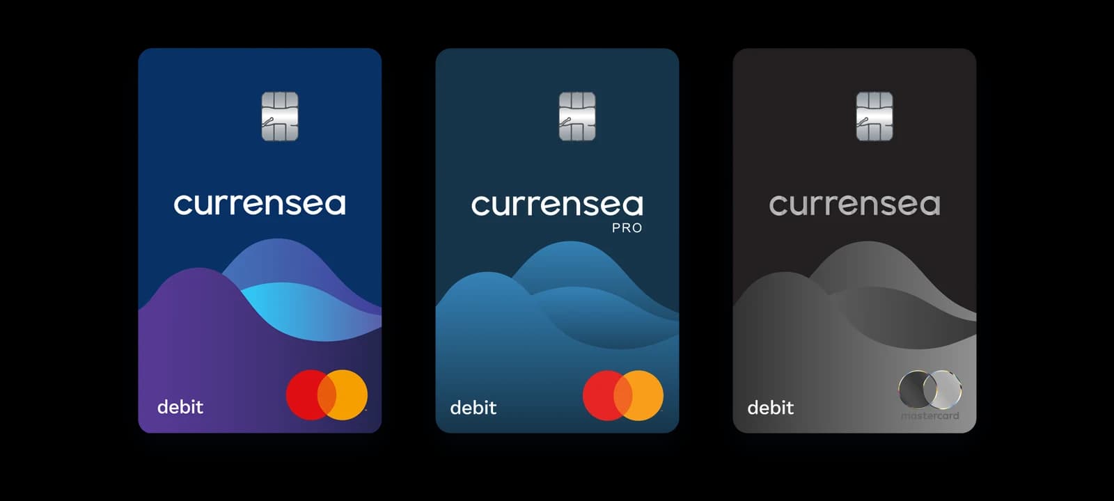 The three Currensea Mastercard debit cards side by side: Essential in navy and purple, Pro in teal and Elite in black and silver