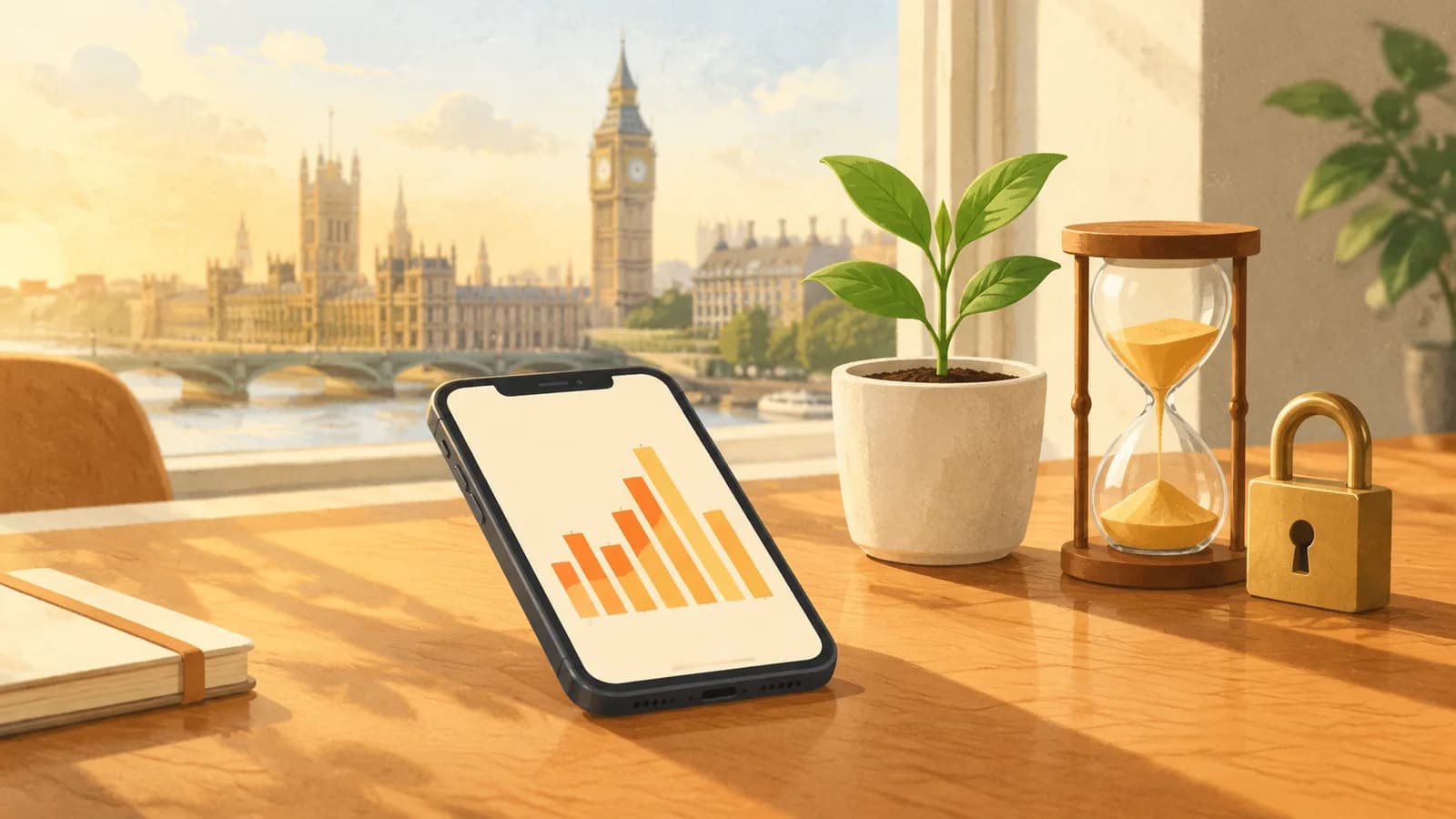 Illustration: a phone showing a chart of rising and falling bars beside a seedling, an hourglass and a closed padlock on a desk by a window
