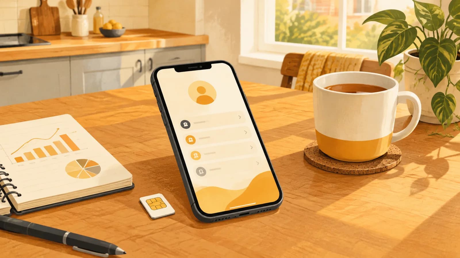 A smartphone, plain SIM card and notebook showing mobile data use on a tidy kitchen table beside a mug of tea.