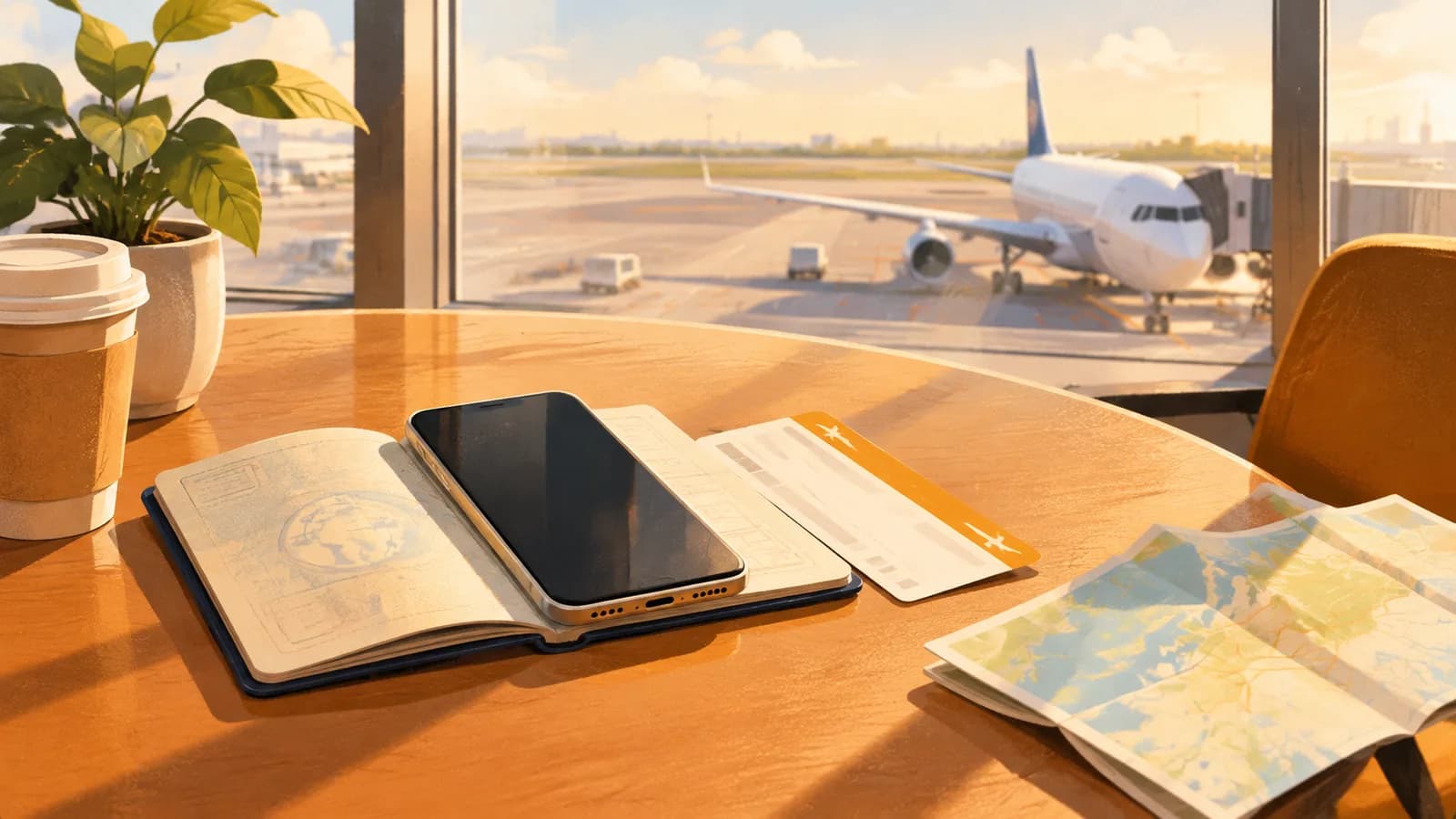 Illustration: a phone on an open passport beside a boarding pass and a folded map on a café table by an airport window with a parked plane