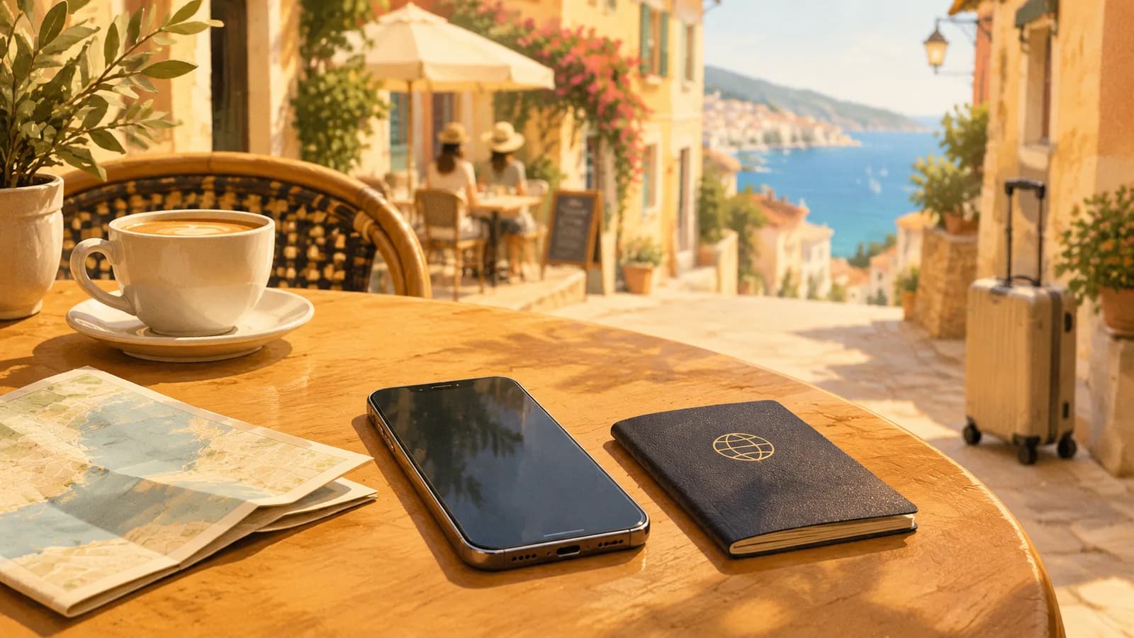 Illustration: a phone on a café table beside a passport, a folded map and a coffee, with a sunny street and a suitcase in the background