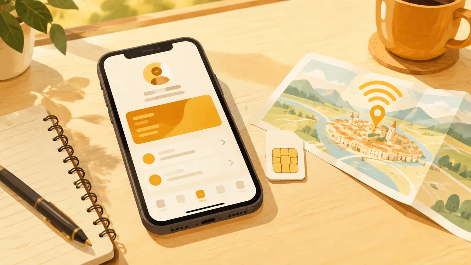A smartphone, plain SIM card and map with a signal arc on a light desk.
