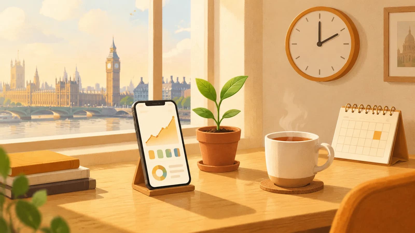 Illustration: a desk by a window with a phone showing a rising portfolio line, a seedling, a wall clock, a calendar and a mug of tea