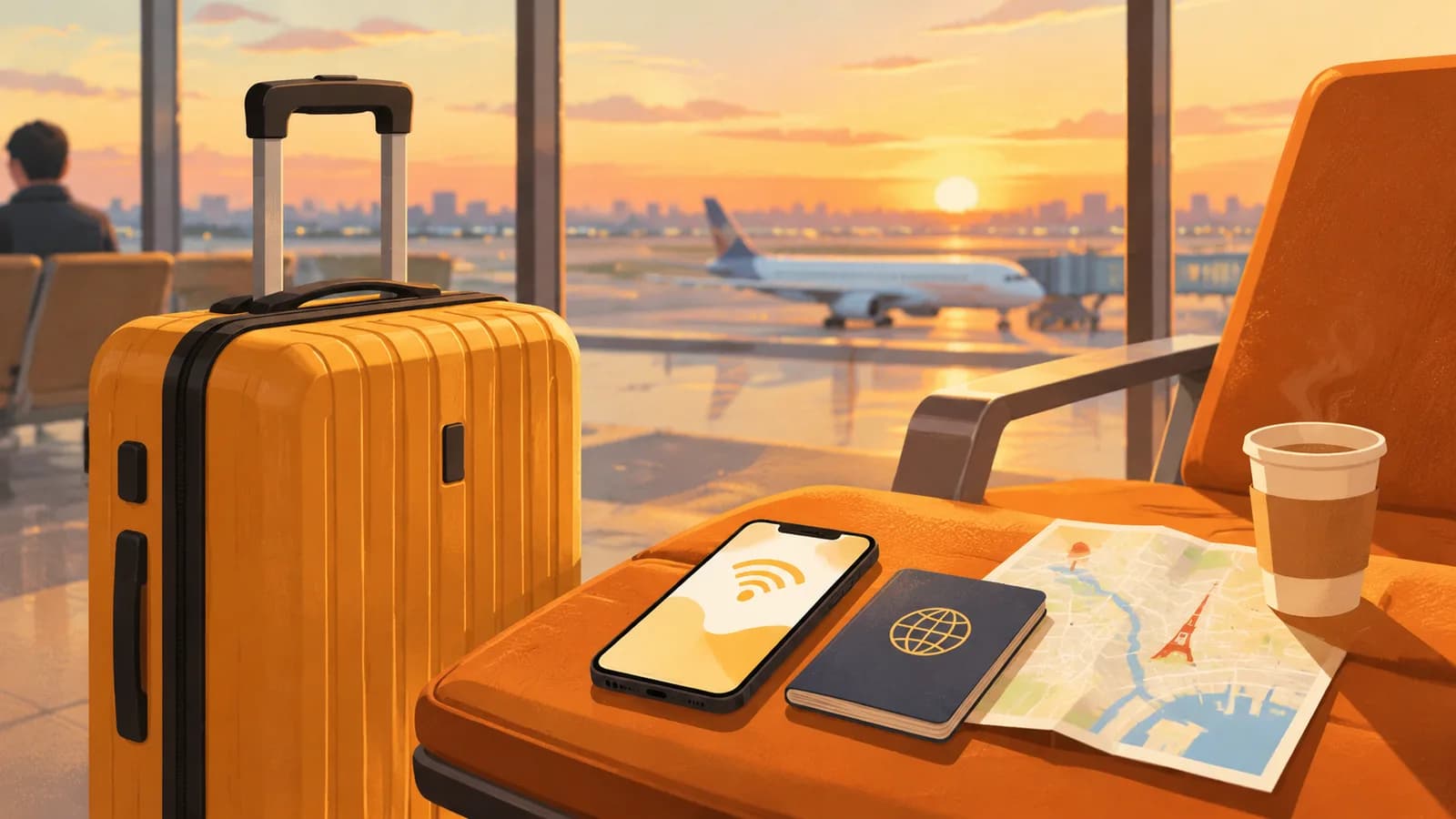 Illustration: a carry-on suitcase by an airport window at sunset, with a phone showing signal waves, a passport and a map on the seat next to it