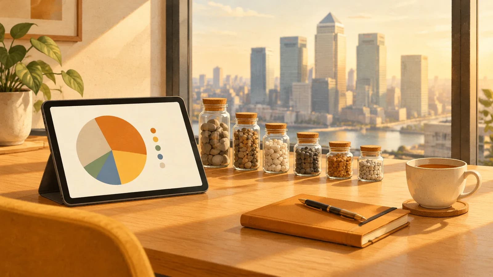 Illustration: a home desk with a tablet showing a portfolio pie chart, six jars of pebbles of different heights, a notebook and tea, with office towers outside