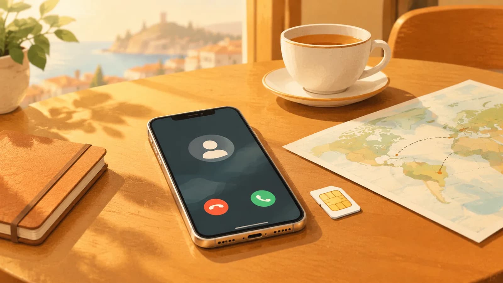A smartphone with an abstract calling screen beside a plain SIM card and a paper map on a cafe table.