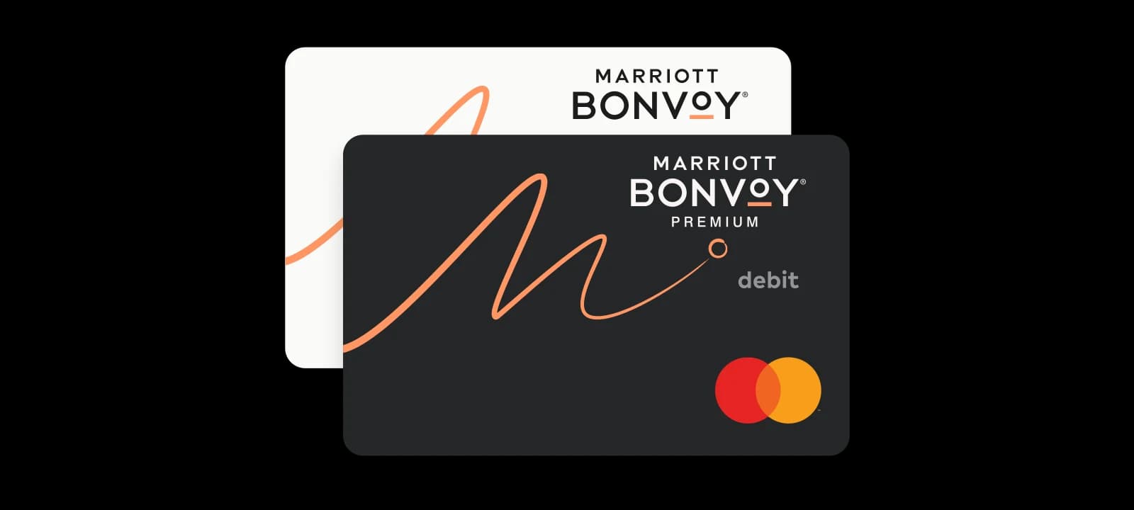 The Marriott Bonvoy Debit Card (white) and Marriott Bonvoy Premium Debit Card (black), both Mastercard debit cards from Currensea