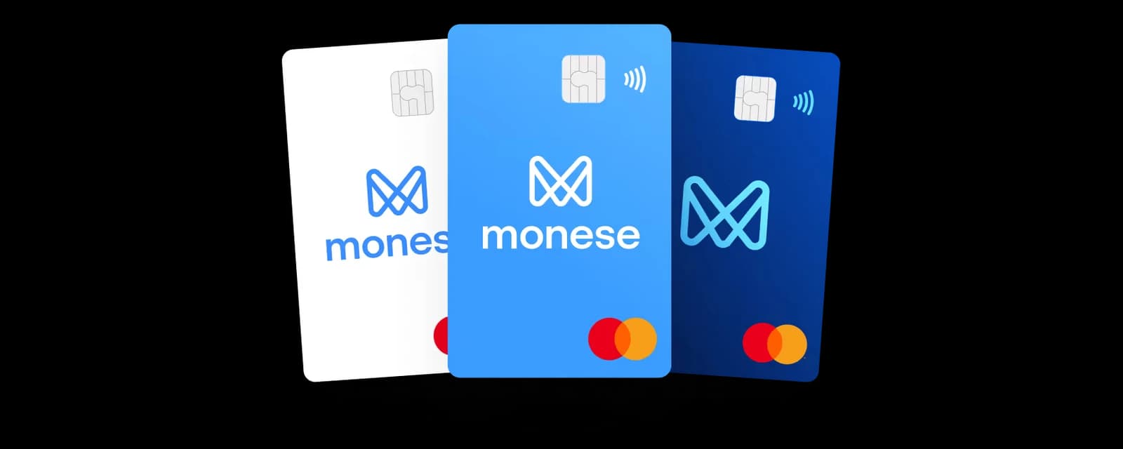 Three overlapping Monese Mastercard debit card designs in white, light blue and dark blue, each with the Monese logo and a chip