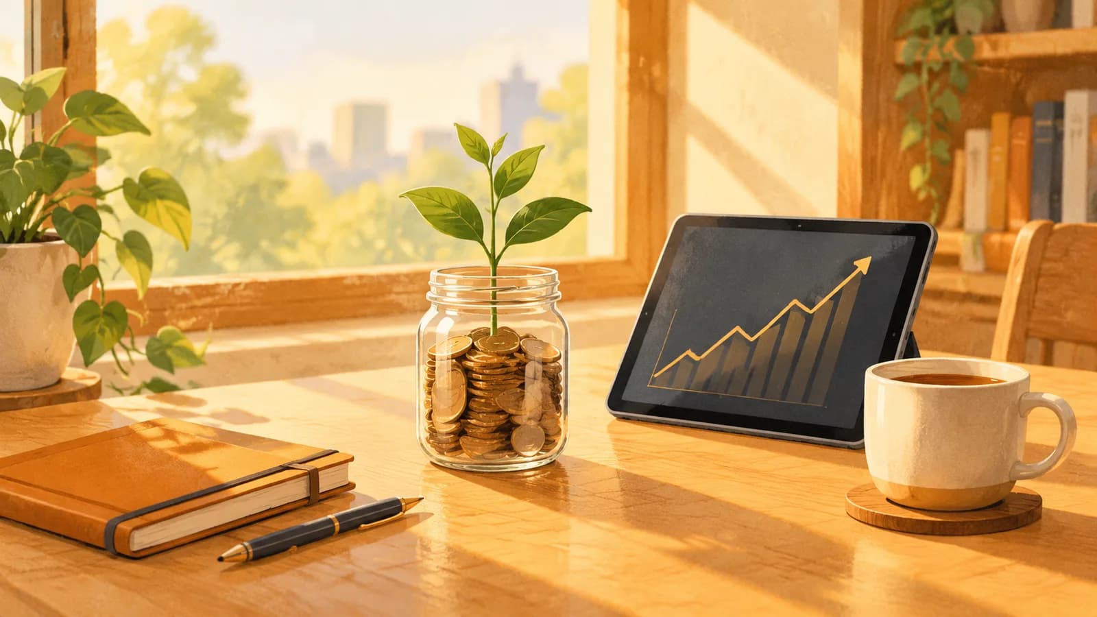Illustration: a seedling growing from a jar of coins beside a tablet showing a rising line, a notebook and a mug of tea