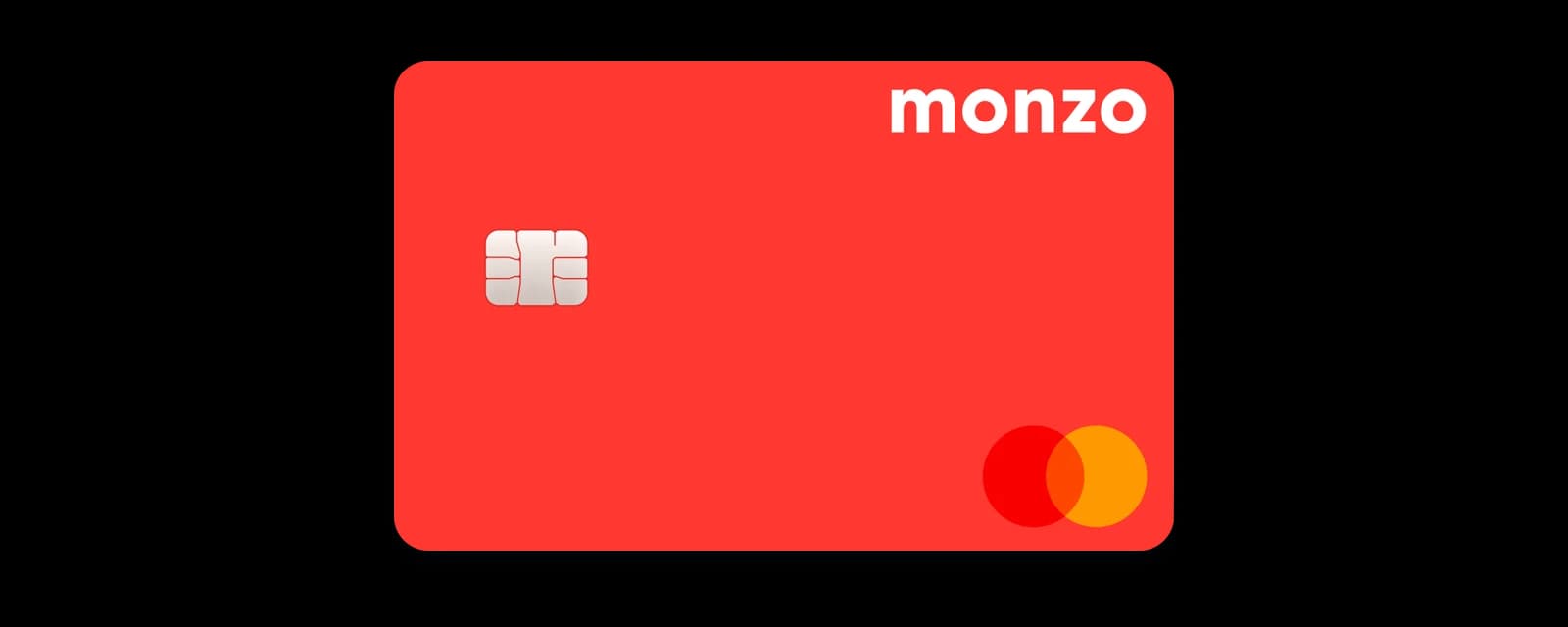 The Monzo debit card in Hot Coral: a bright coral-red Mastercard debit card with the white Monzo wordmark
