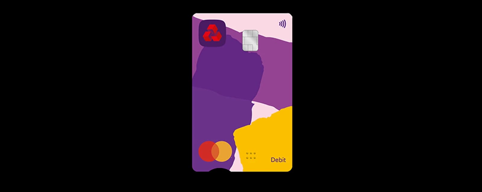 The NatWest debit card shown on the Select account page: a purple, pink and yellow Mastercard debit card with the NatWest logo