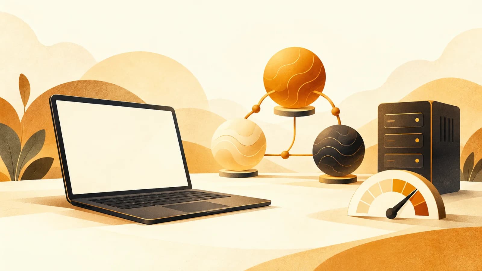Conceptual illustration of a laptop, model nodes, server and usage-budget gauge, not a Nous Portal screenshot