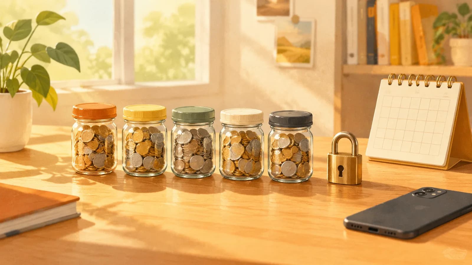 Illustration: a row of coin-filled savings jars with different coloured lids beside a padlock, a desk calendar and a face-down phone