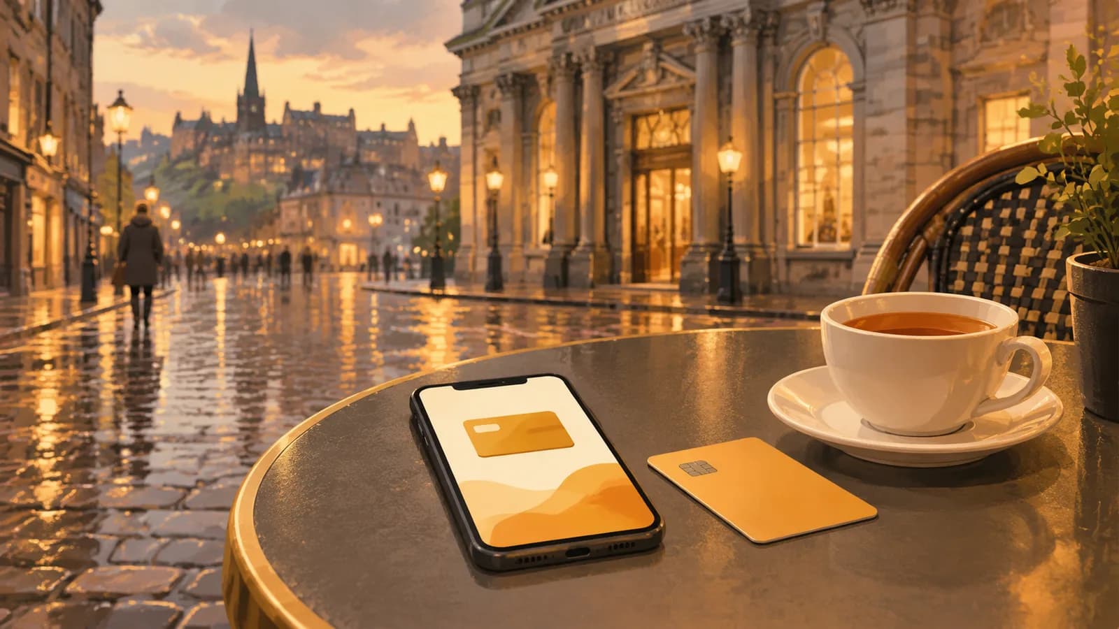 Illustration: an Edinburgh street at dusk with a stone bank building, and a cafe table with a phone, a plain debit card and a cup of tea