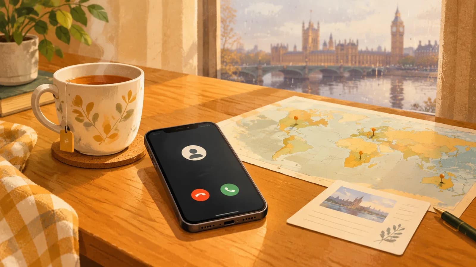 Illustration: a phone showing a calling screen on a kitchen table beside a mug of tea, a world map with pins and a blank contact card, by a window