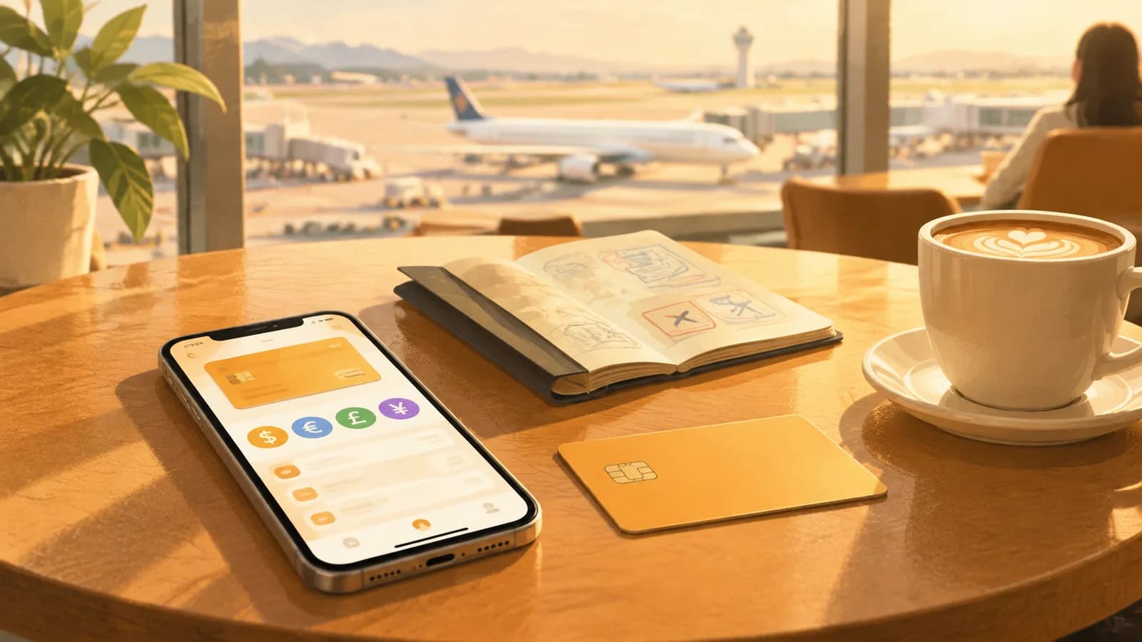 Illustration: a cafe table by an airport window with a phone showing currency icons, a plain payment card, a passport and a coffee