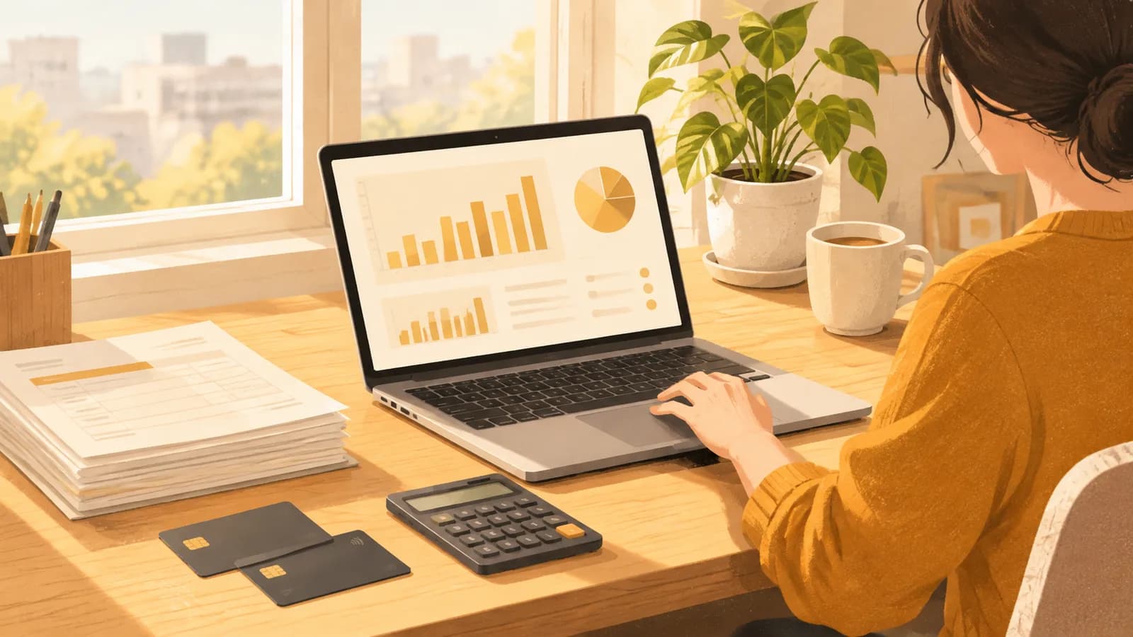 Illustration: a person at a small-business desk by a window, with a laptop showing bar charts, two plain payment cards, invoices, a calculator and a plant