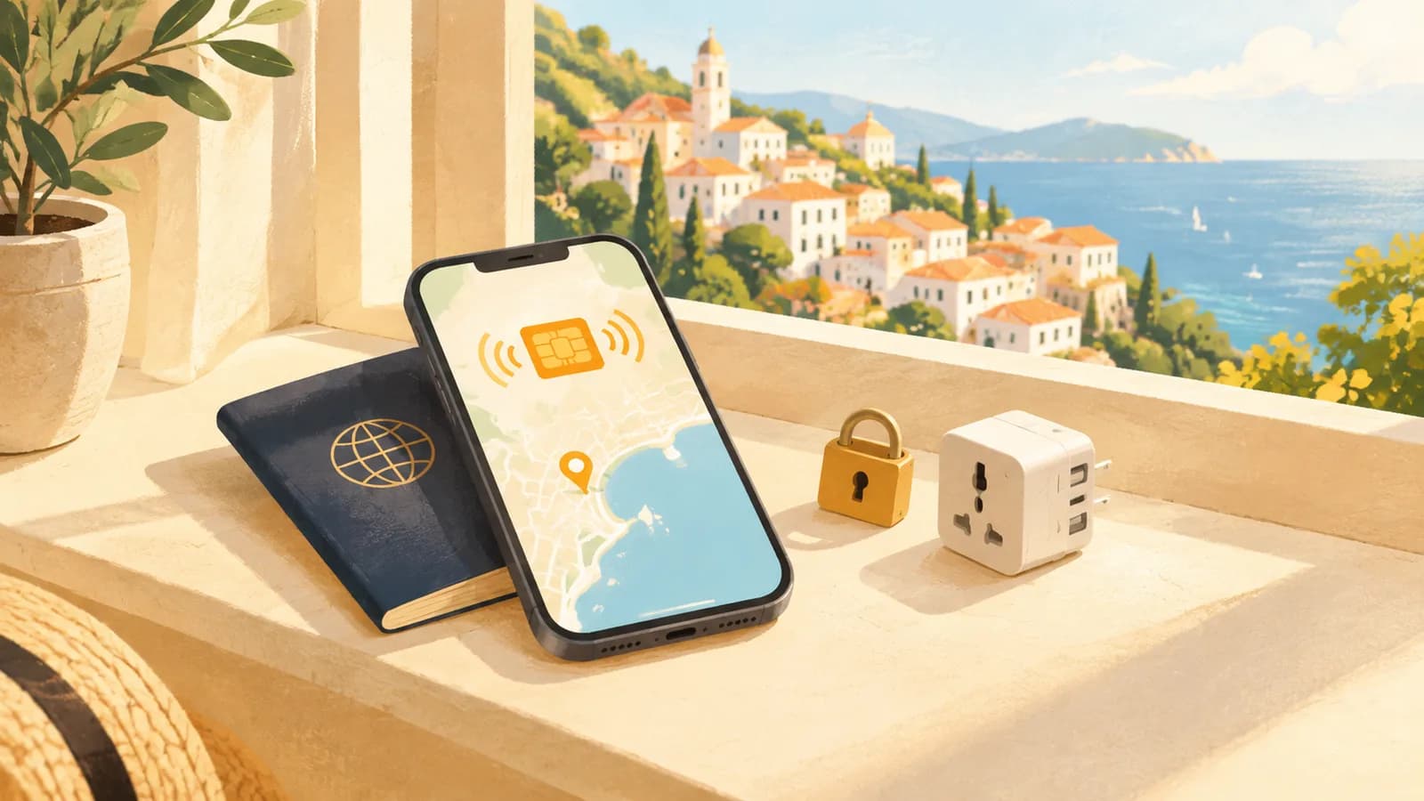 Illustration: a phone showing signal waves on a passport beside a small padlock and a travel adapter, on a windowsill above a sunny hillside town