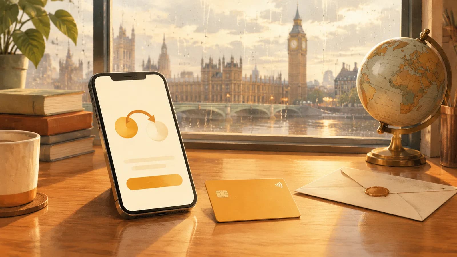 Illustration: a desk by a rainy London window with a phone showing a transfer arrow, a plain debit card, a small globe and an envelope
