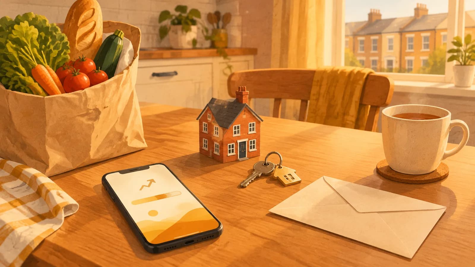 Illustration: a kitchen table with a phone showing a progress bar, a bag of vegetables, a model house with keys, an envelope and a mug of tea