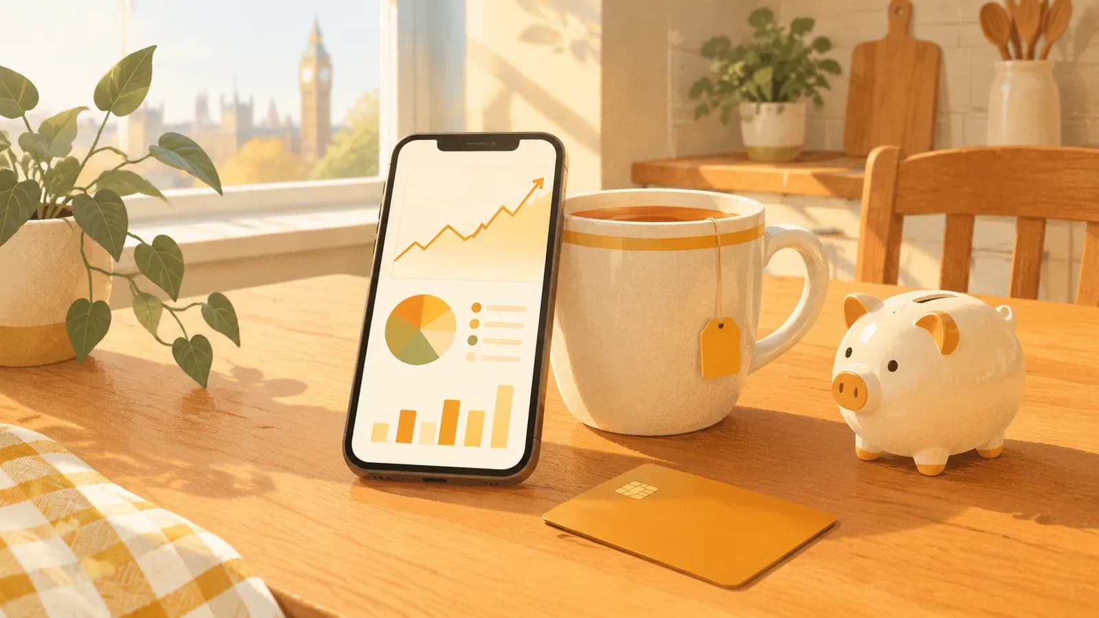Illustration: a phone showing a rising chart propped against a mug of tea on a kitchen table, beside a plain card and a small piggy bank