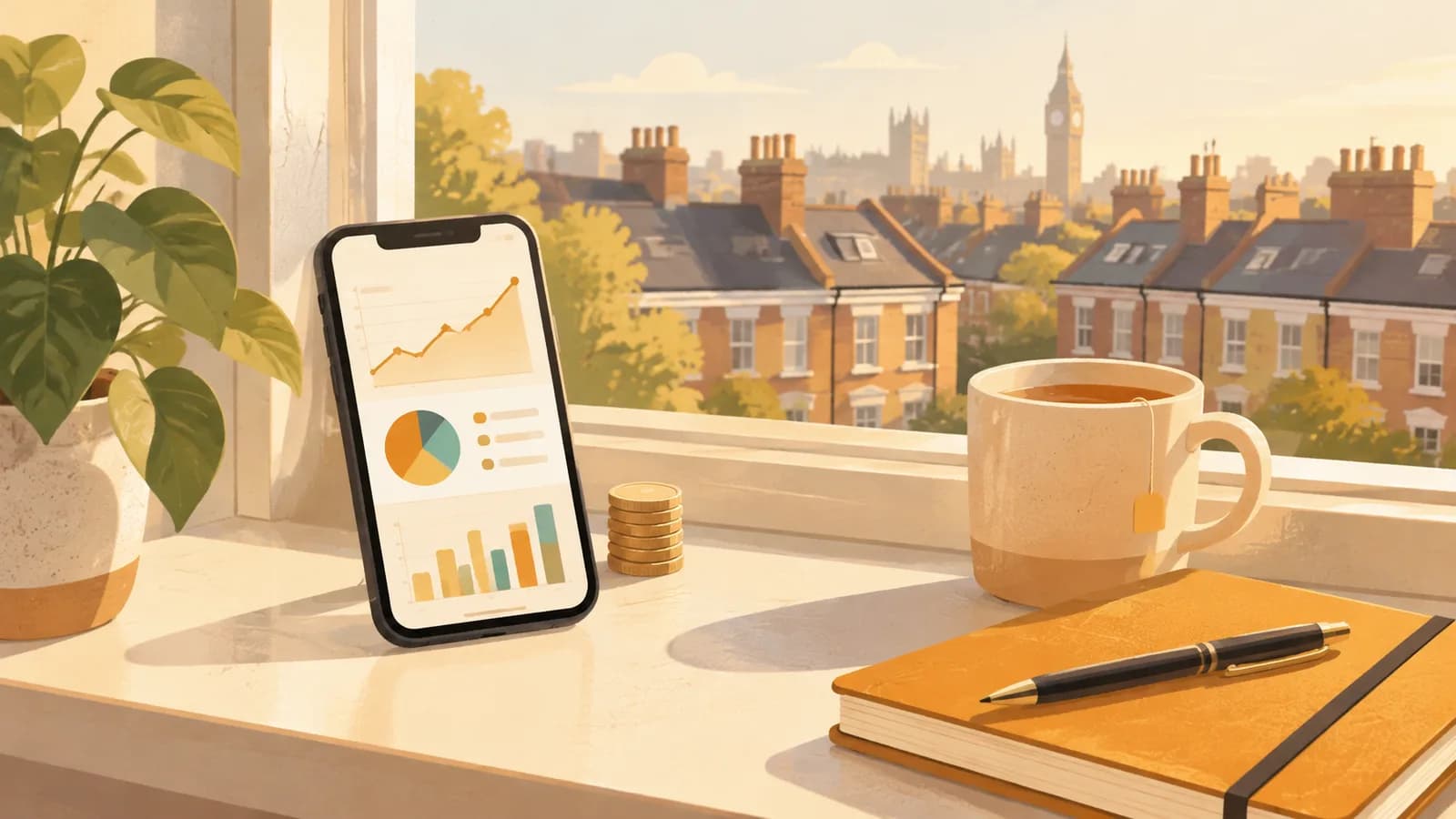 Illustration: a phone on a windowsill showing a rising portfolio chart, beside a small stack of coins, a notebook and a mug of tea, with rooftops outside