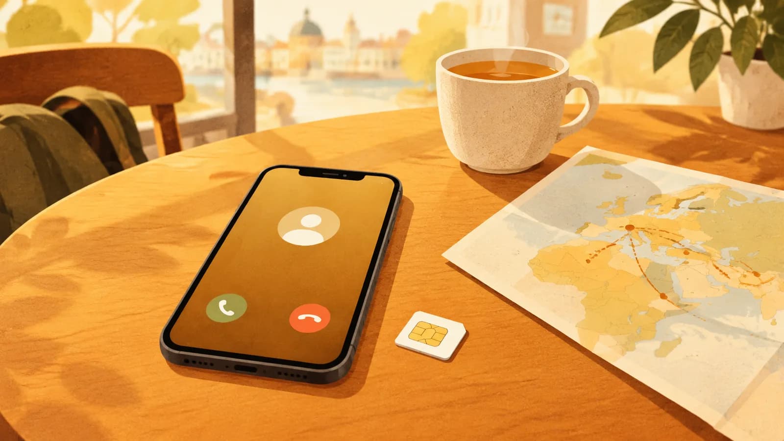 A phone with a blank calling screen beside a plain SIM card and a paper map showing routes between countries.