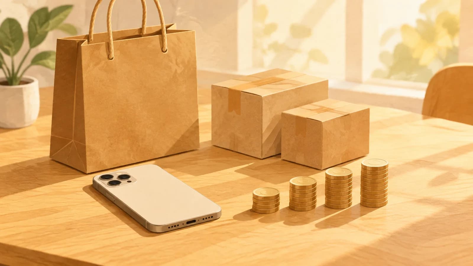 Illustration: a phone face down on a table next to a paper shopping bag, two small parcels and four stacks of coins