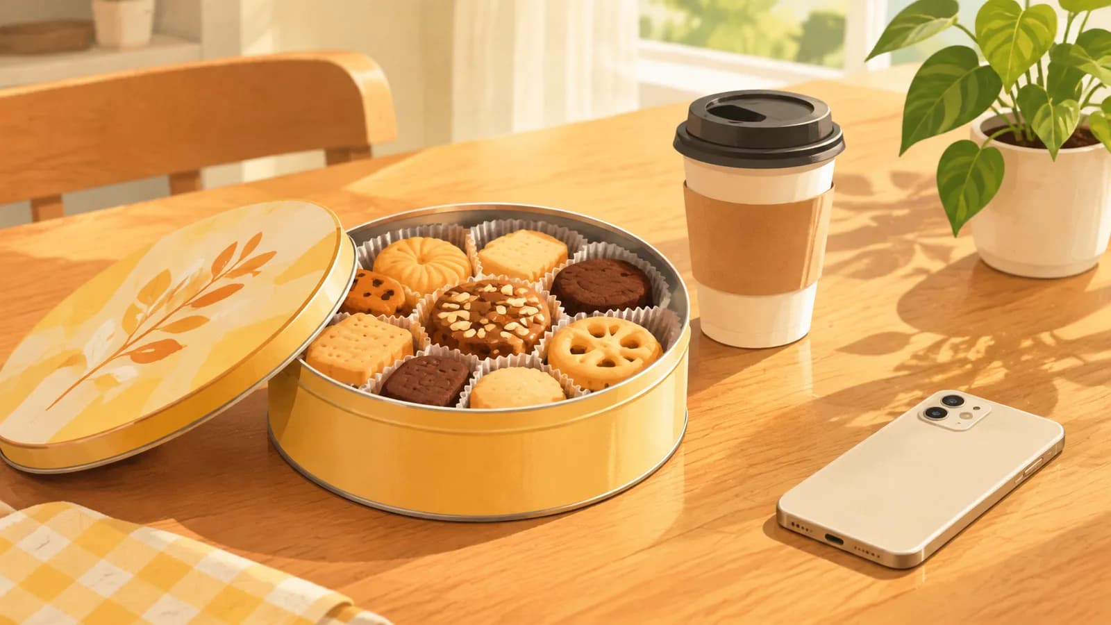 Illustration: an open tin of biscuits on a kitchen table beside a coffee cup, a plant and a phone lying face down
